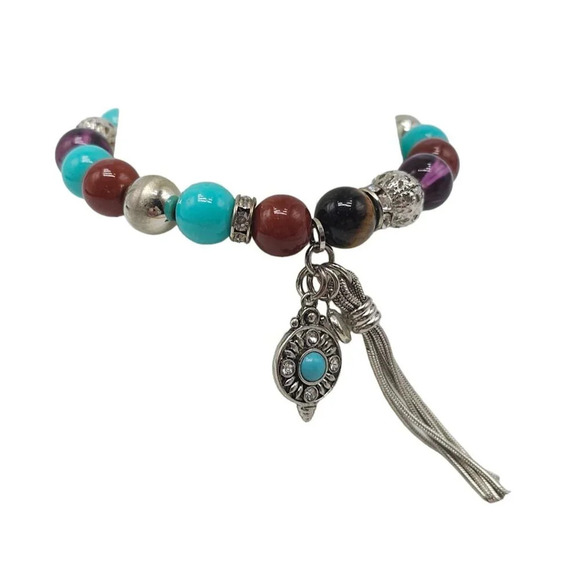 RJ Graziano Cn Blue Turquoise Multicolor Beads Tassel Charm Stretch Bracelet VTG - Picture 1 of 6